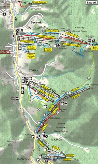 Mapa okolicy Ośrodka Szkoleniowo-Wypoczynkowego "CIS". Położenie ośrodka oznaczono czerwonym napisem "CIS".